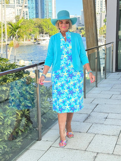LULU B STARFISH SPLASH MIDI SLEEVELESS 1/4 ZIP MAXI DRESS