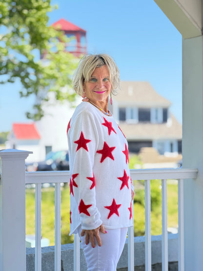 LULU B DOCKSIDE WHITE RED STAR FUZZY SWEATER