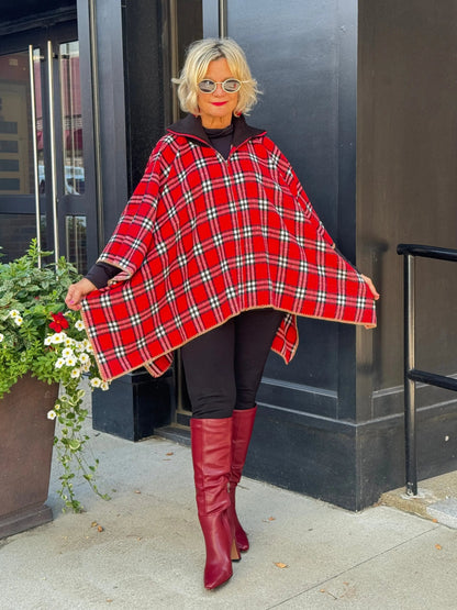 Flannel Plaid Zip Front Poncho RED AND BLACK