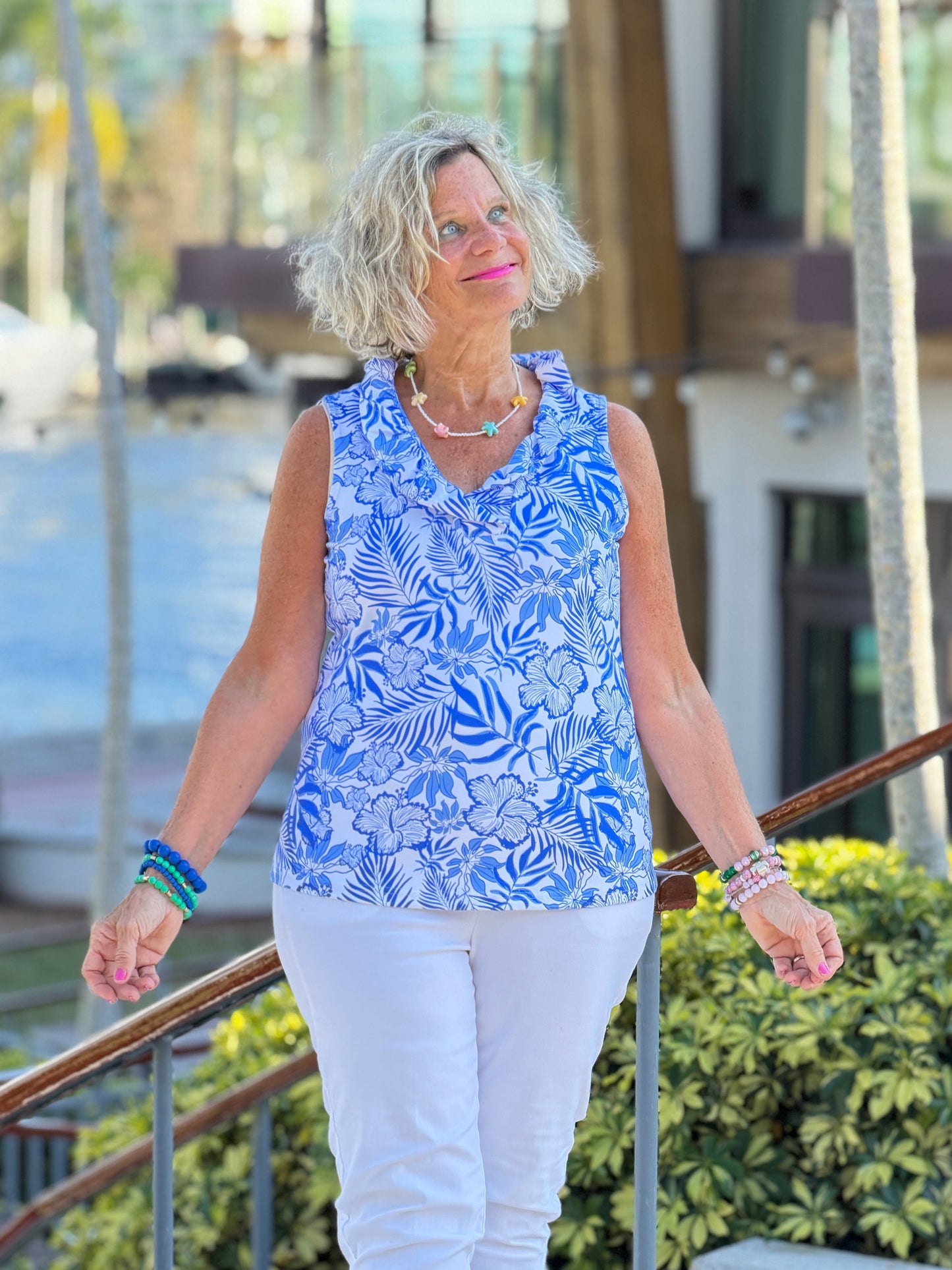 LULU B HIBISCUS COAST SLEEVELESS RUFFLE TOP