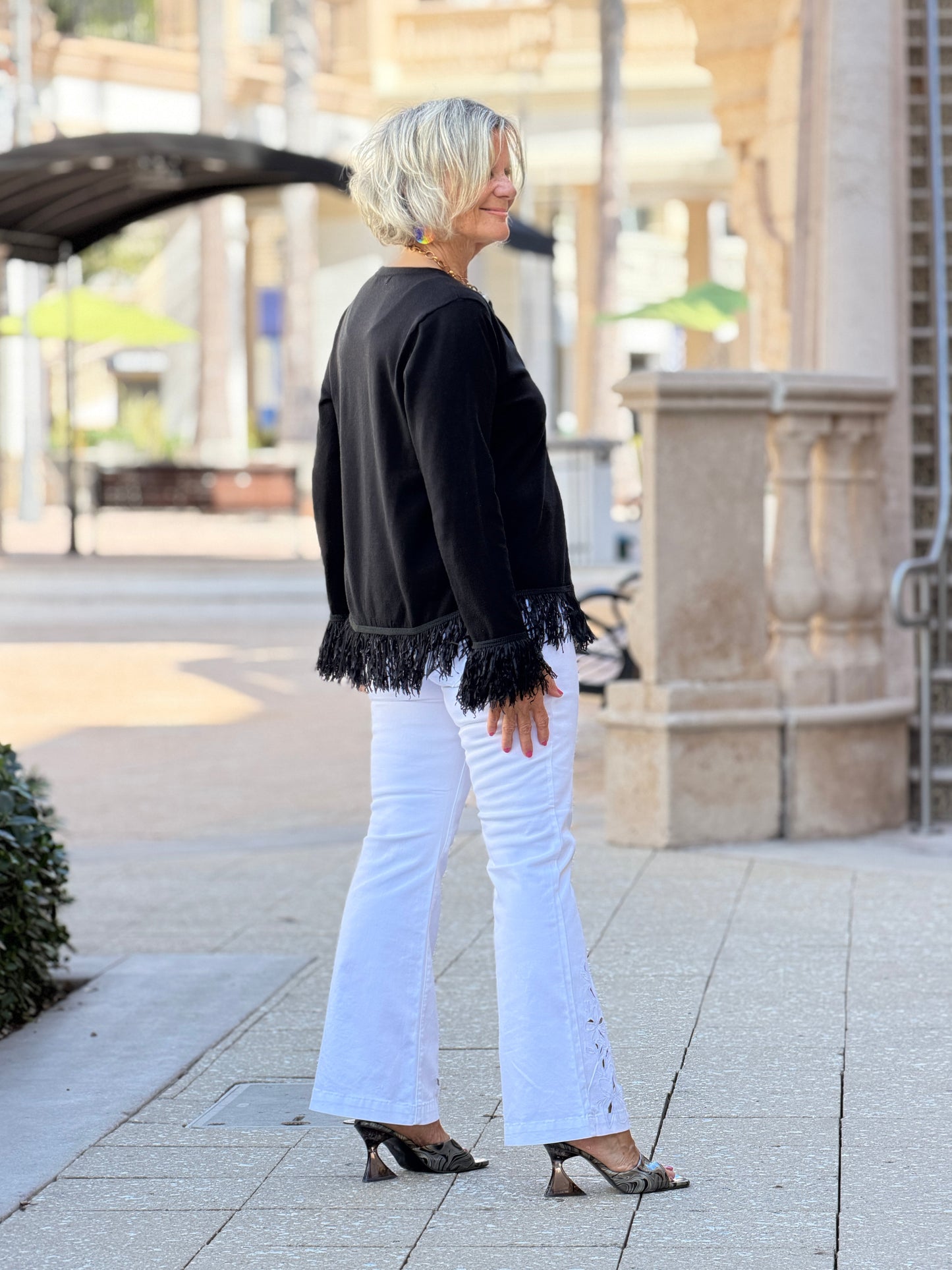 LULU-B  BLACK CASHMERE FRINGE FANCY CARDIGAN