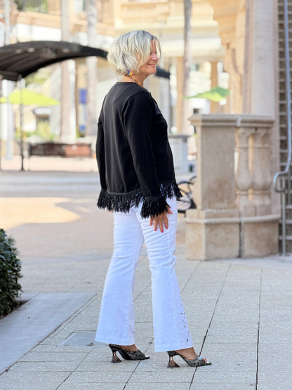 LULU-B  BLACK CASHMERE FRINGE FANCY CARDIGAN