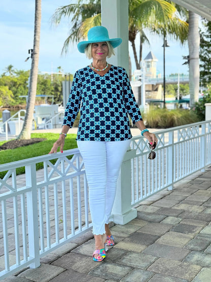BLUE MEDALLION V NECK TOP