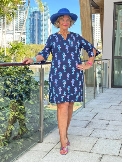 LULU B MIDNIGHT REEF NOTCH SLEEVE DRESS