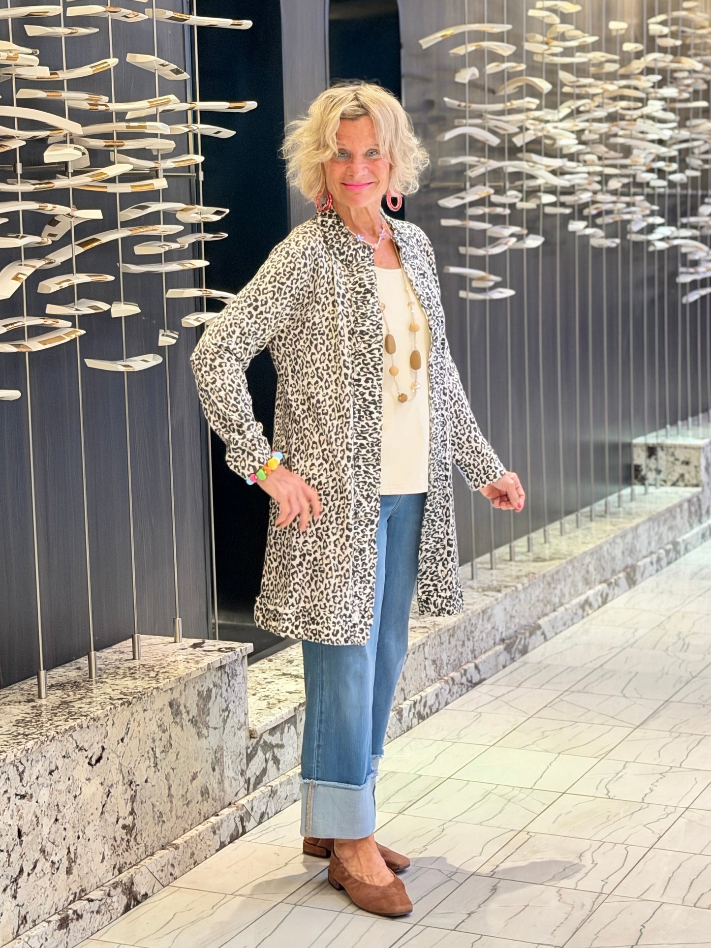 LULU-B CHEETAH WINTER WHITE ROUGED CARDIGAN