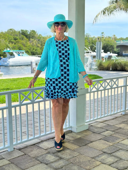 LULU B NAVY MEDALLION SHIFT RUFFLE DRESS