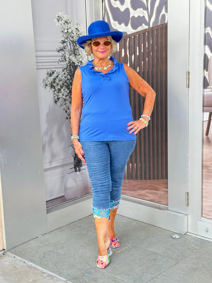 BLUE SLEEVELESS RUFFLE TOP