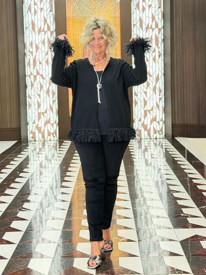 LULU-B  BLACK CASHMERE FRINGE FANCY CARDIGAN