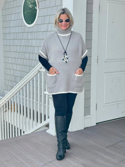 Colored Edge Solid Sleeveless Pocket Sweater Gray