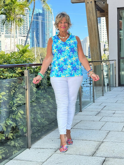 LULU B STARFISH SPLASH SLEEVELESS RUFFLE TOP