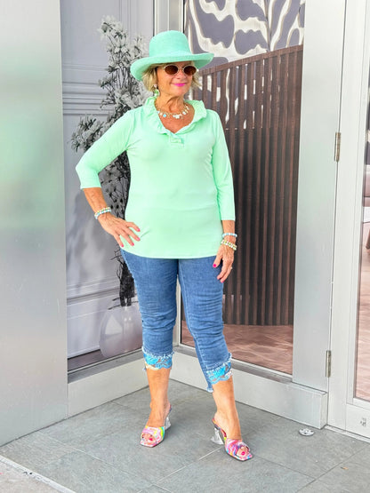 CLEAR GREEN SLEEVE RUFFLE TOP