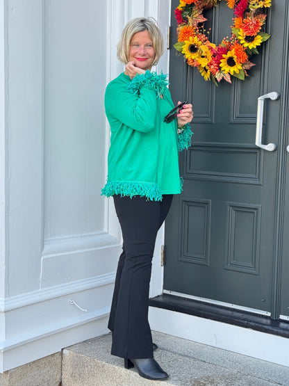 LULU-B EMERALD CASHMERE FRINGE FANCY CARDIGAN