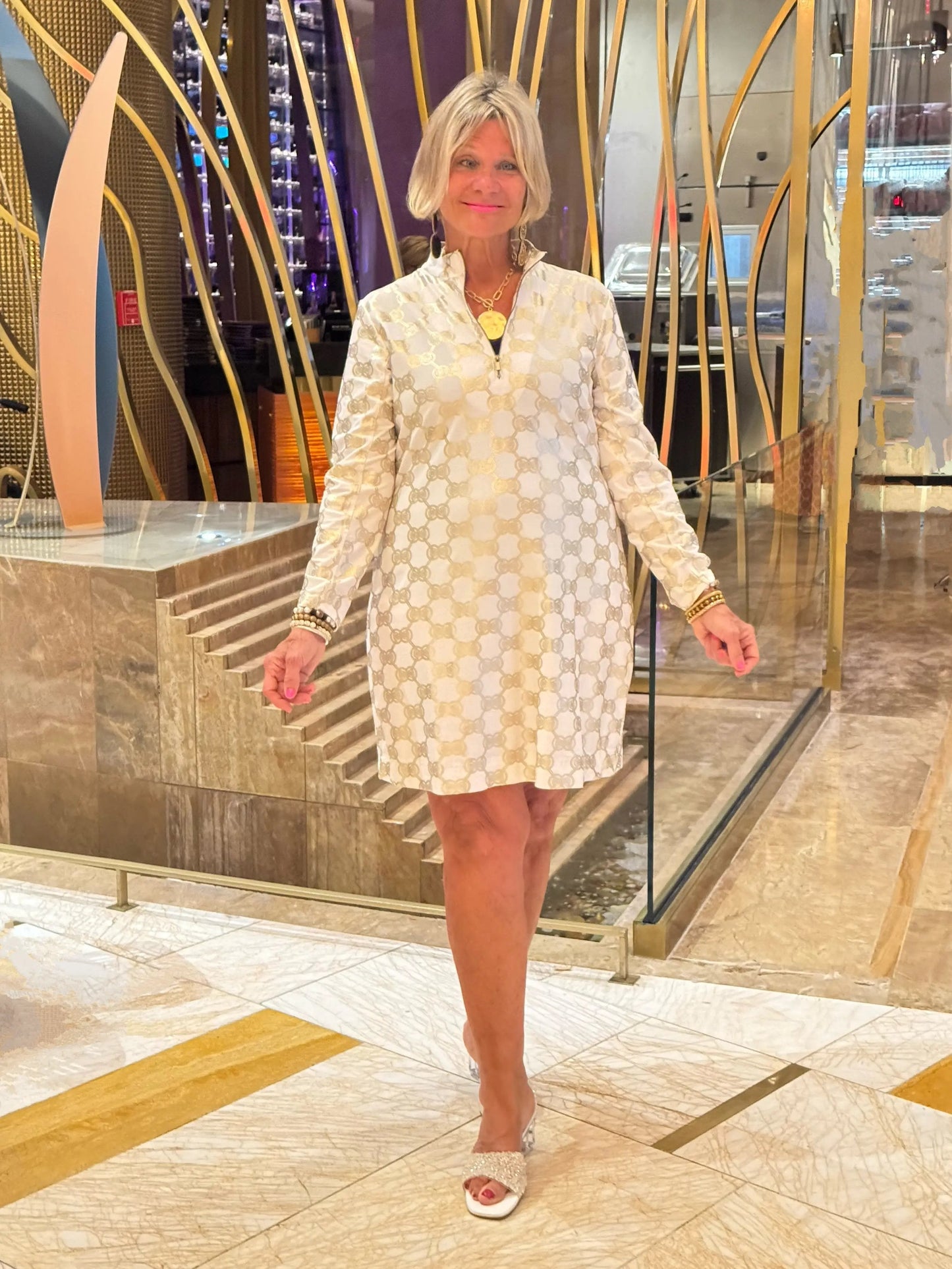 LULU-B GOLD AND WHITE HALF ZIPPER DRESS