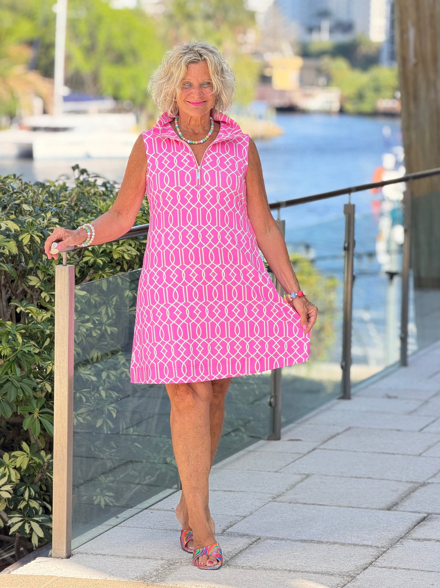 LULU B PALM BEACH LATTICE HALF ZIPPER DRESS