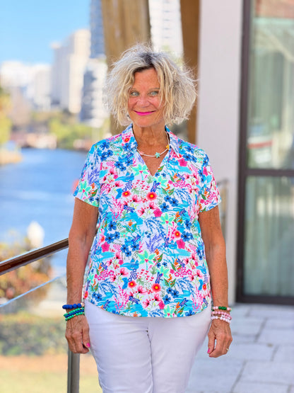 LULU PARADISE GARDEN COLLAR SHORT SLEEVE TOP