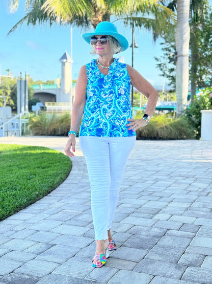 BLUE DREAMING HEARTS SLEEVELESS RUFFLE TOP