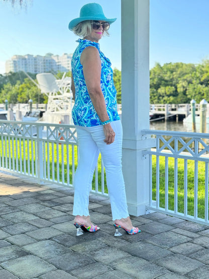 BLUE DREAMING HEARTS SLEEVELESS RUFFLE TOP