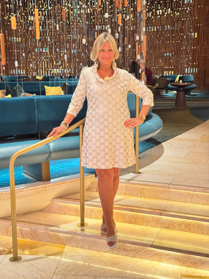 HOLIDAY GOLD AND WHITE RUFFLE DRESS