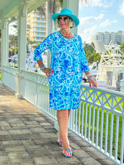 BLUE DREAMING HEARTS RUFFLE SLEEVE DRESS