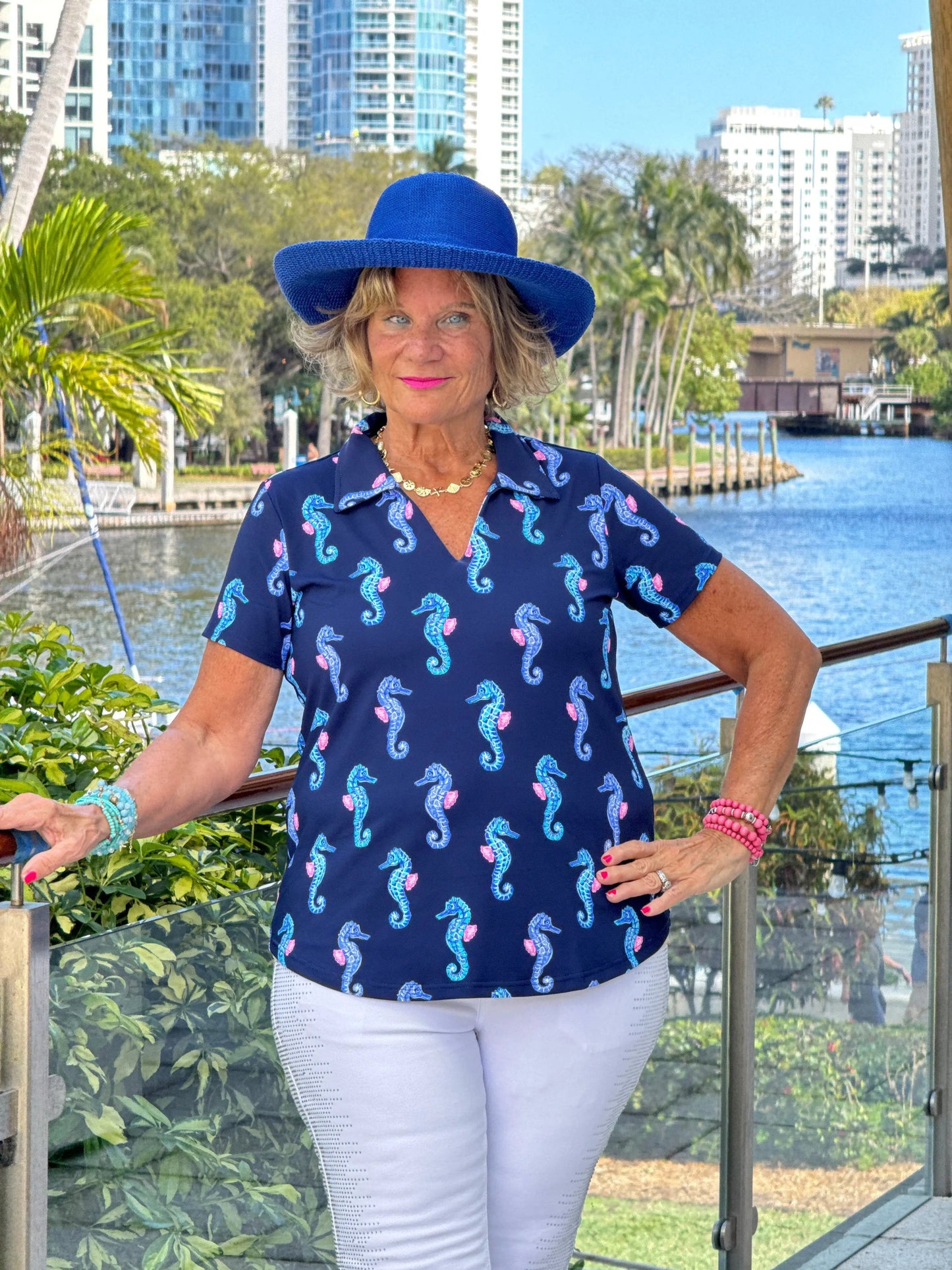LULU B MIDNIGHT REEF SHORT SLEEVE V-NECK COLLAR TOP