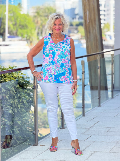 LULU B PALM BEACH SPLASH SLEEVELESS RUFFLE