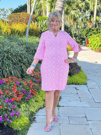 LULU B TROPIC PETALS NOTCH SLEEVE DRESS
