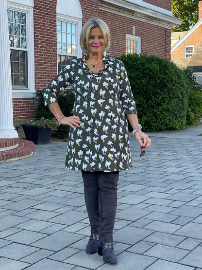 GREEN DREAMING RUFFLE NECK DRESS