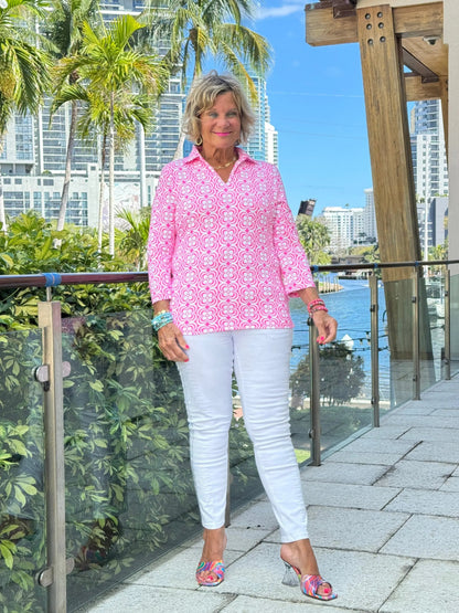 LULU B TROPIC PETALS 3/4 SLEEVE V-NECK COLLAR SHIRT