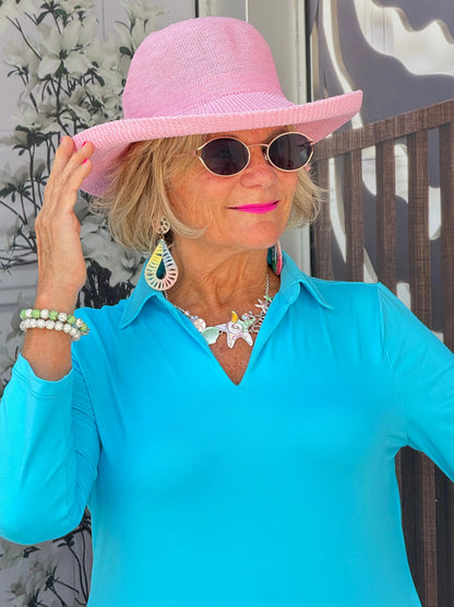 LULU-B SOLID AQUA COLLAR SLEEVE TOP