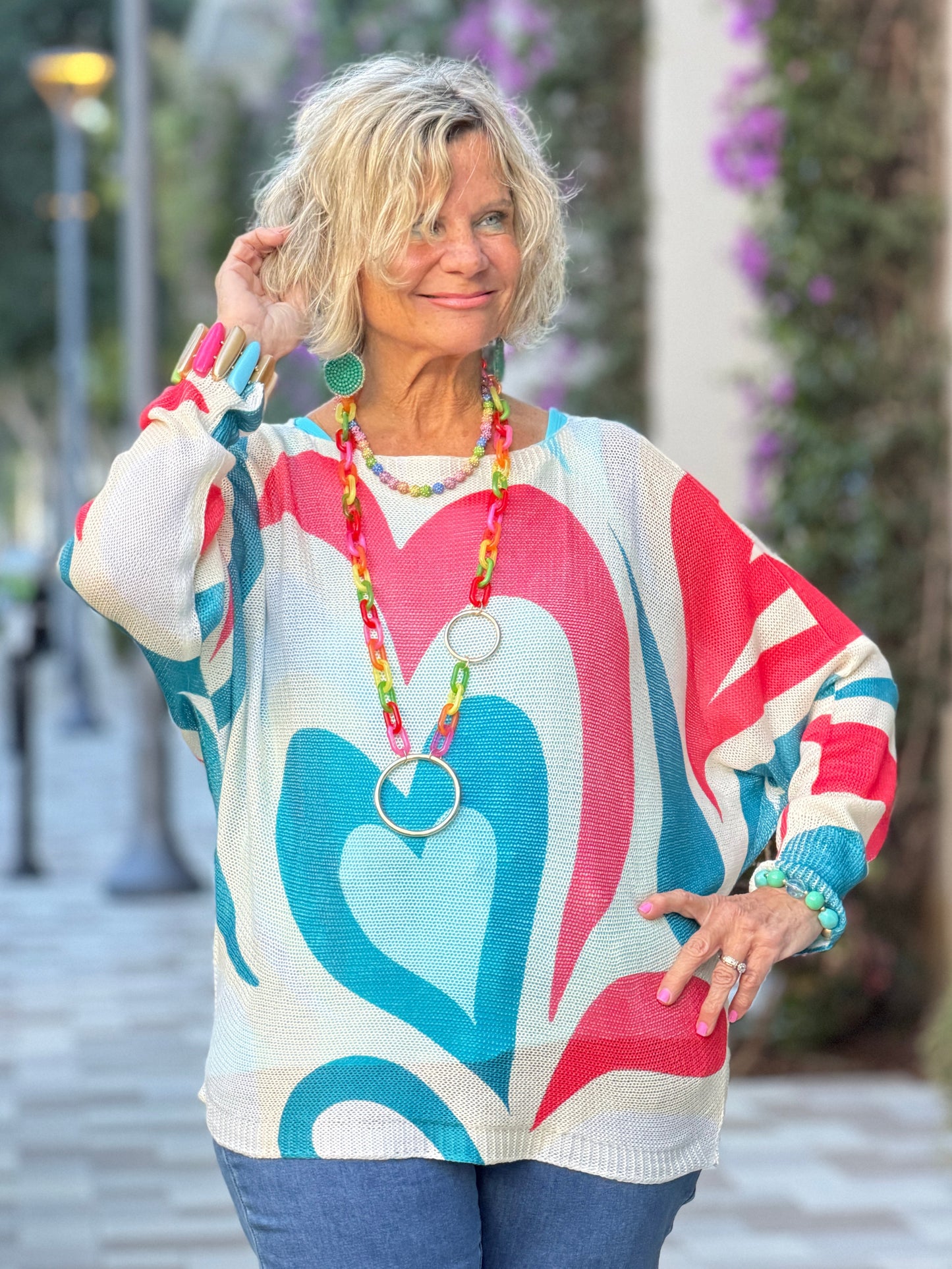 Beige Heart Round Knit Printed Sweater