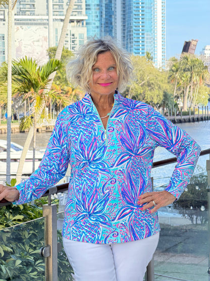 LULU B PALM ROYAL HALF ZIPPER TOP