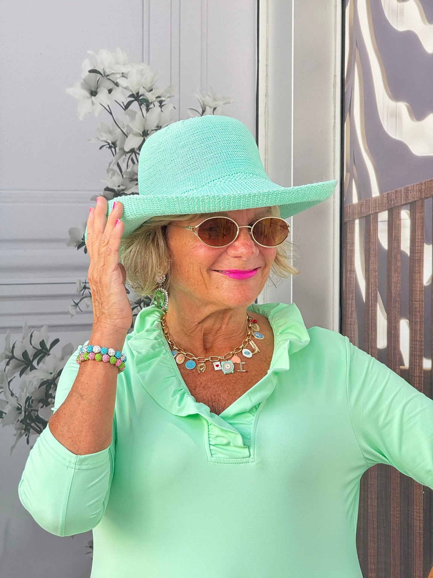 CLEAR GREEN SLEEVE RUFFLE TOP