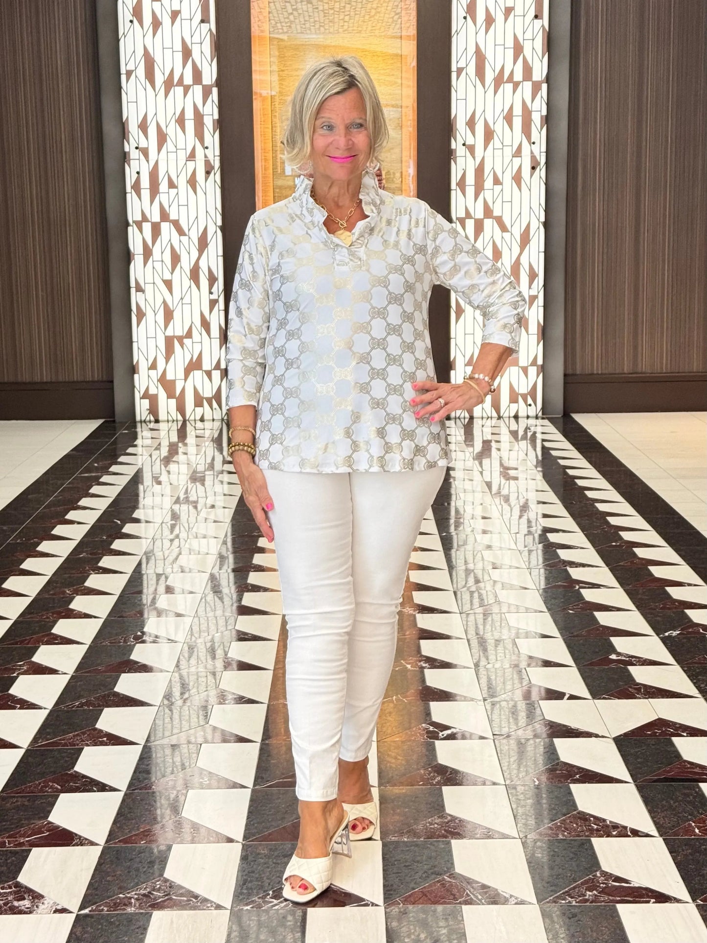 HOLIDAY GOLD AND WHITE RUFFLE TOP