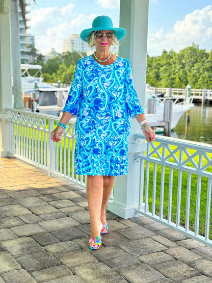 BLUE DREAMING HEARTS RUFFLE SLEEVE DRESS