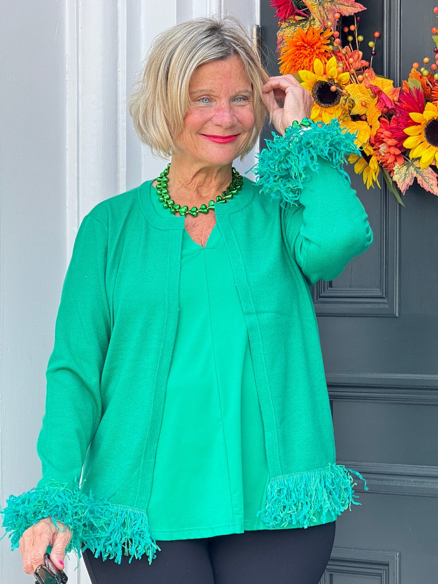 LULU-B EMERALD CASHMERE FRINGE FANCY CARDIGAN