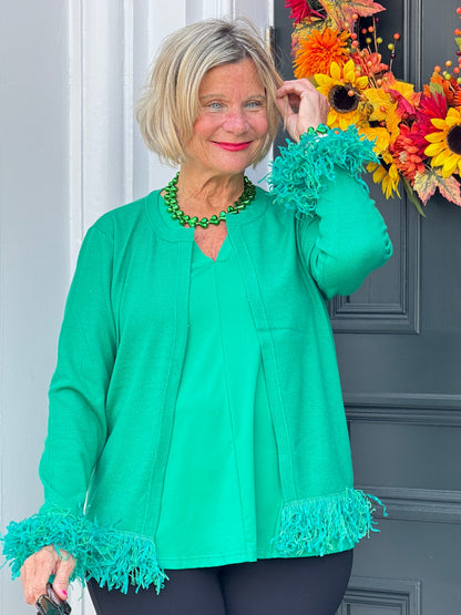 LULU-B EMERALD CASHMERE FRINGE FANCY CARDIGAN
