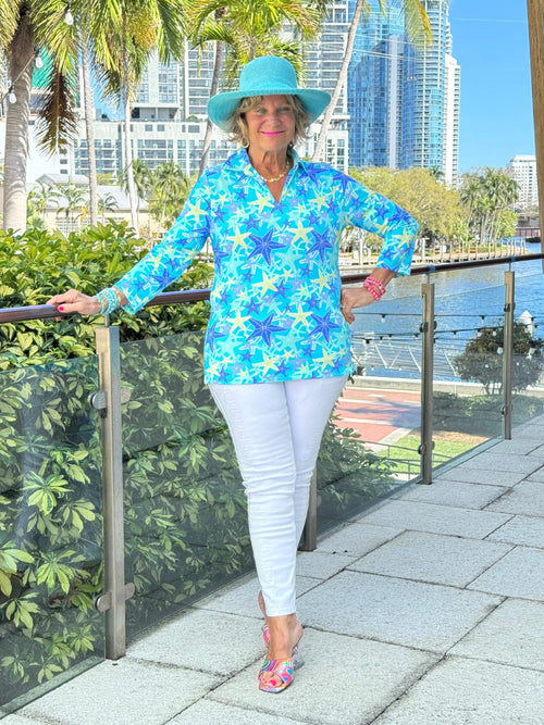 LULU B STARFISH SPLASH 3/4 SLEEVE V-NECK COLLAR SHIRT