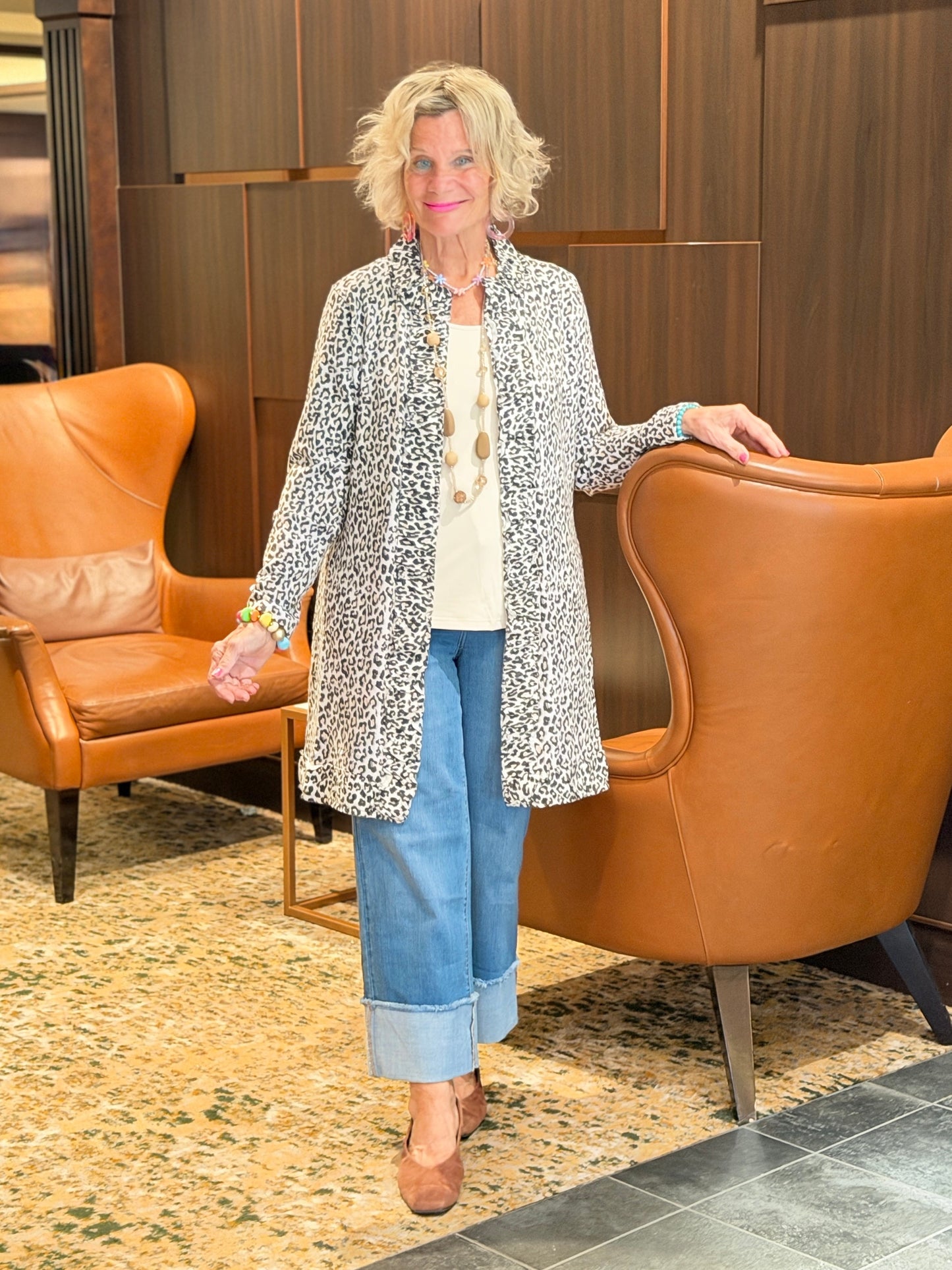 LULU-B CHEETAH WINTER WHITE ROUGED CARDIGAN