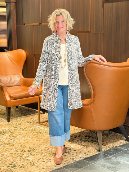 LULU-B CHEETAH WINTER WHITE ROUGED CARDIGAN