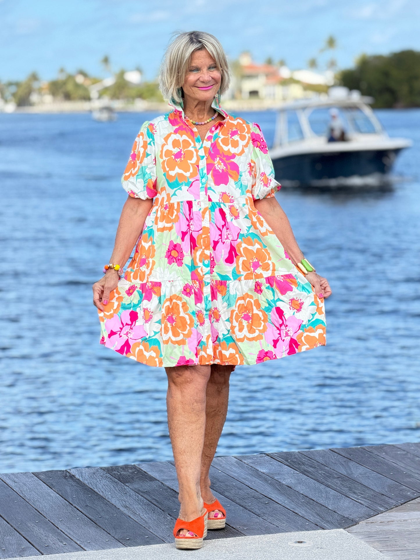 Fashion-W Floral Short Sleeve Buttoned Babydoll BOHO Dress