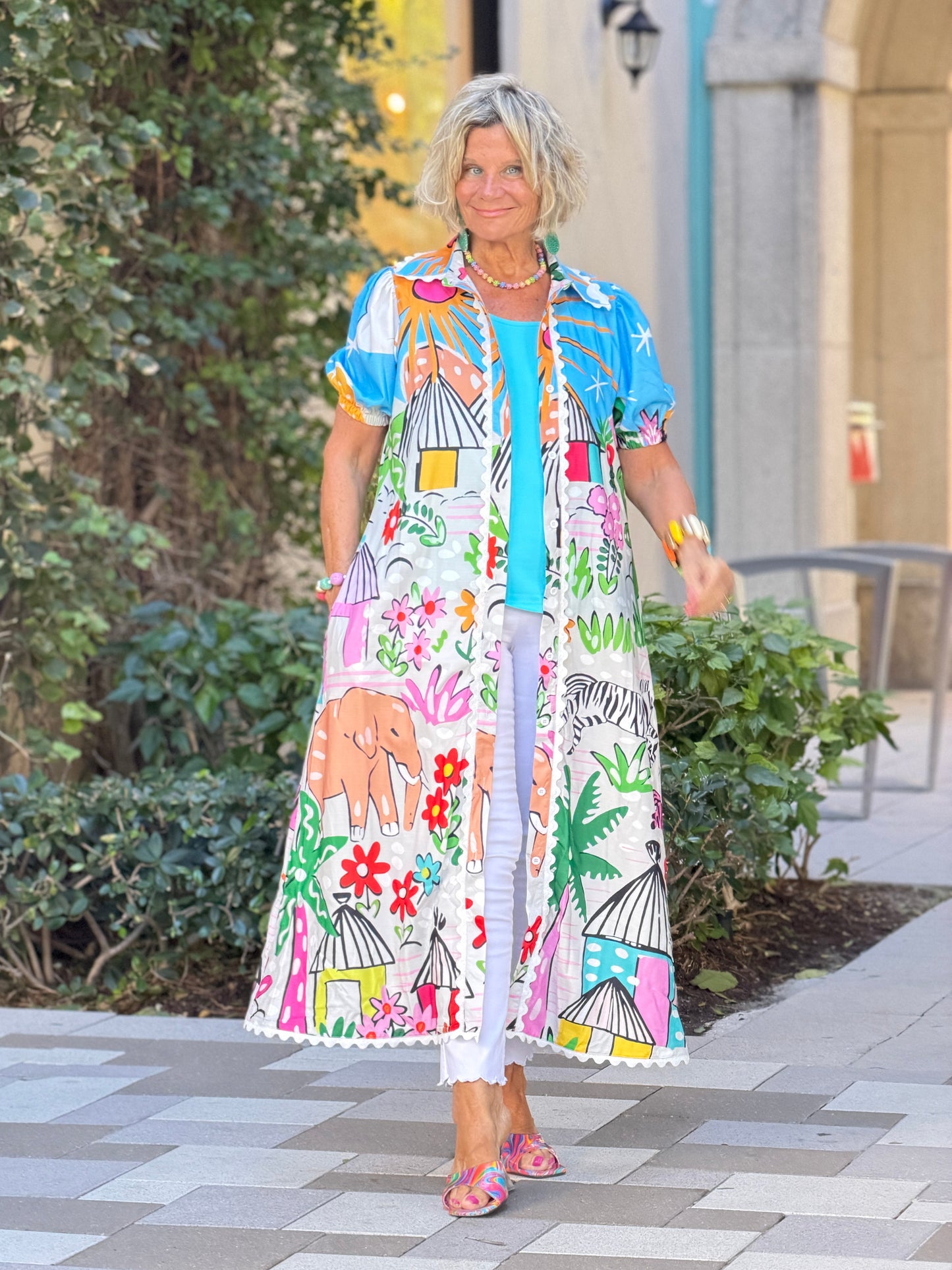 Graphic Print Button-Down Maxi Dress