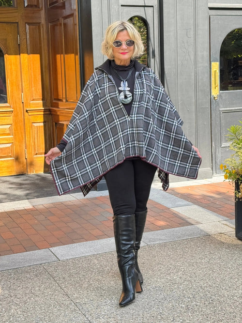 Flannel Plaid Zip Front Poncho