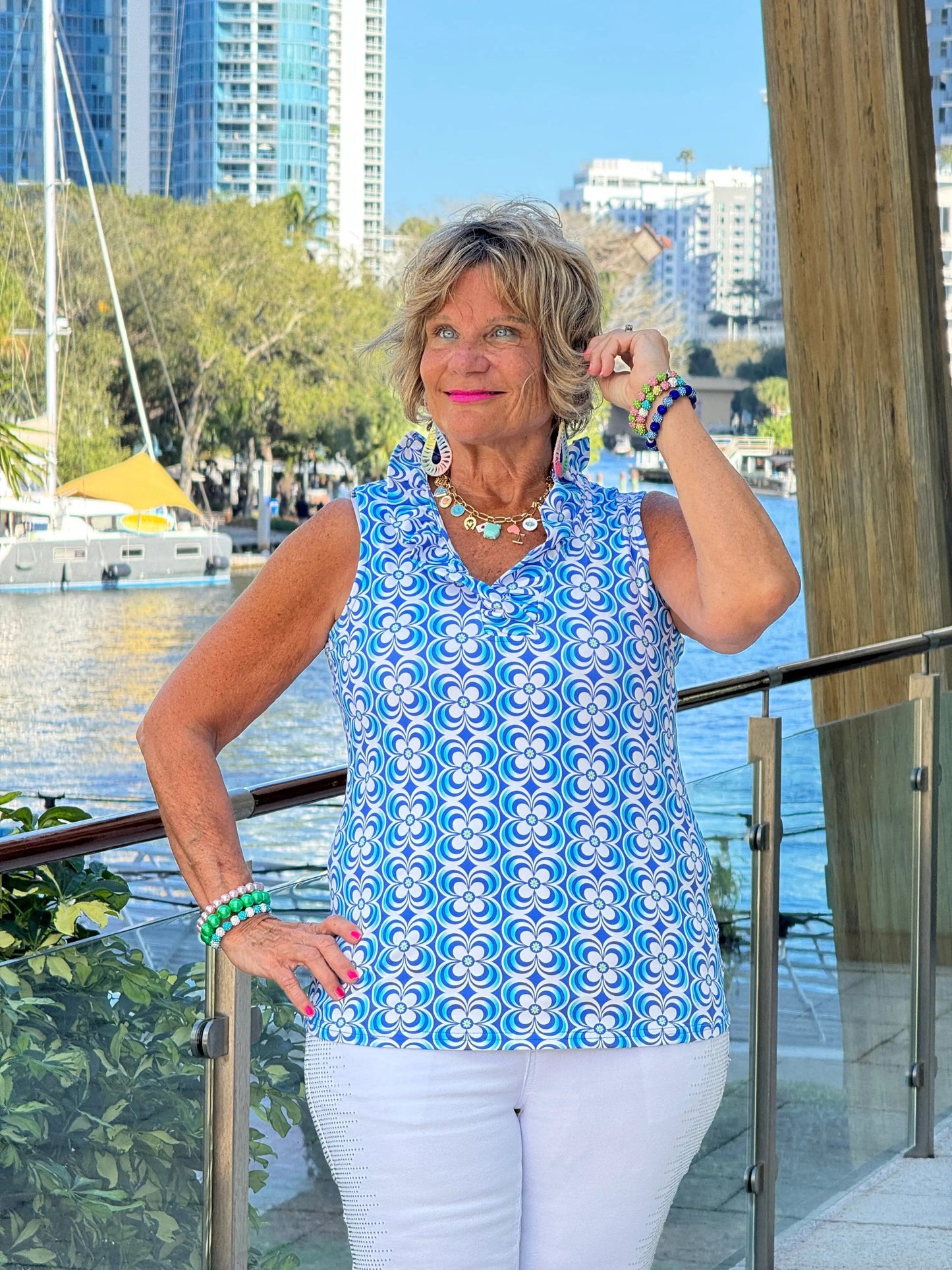 LULU B COASTAL BLOOM SLEEVELESS RUFFLE TOP