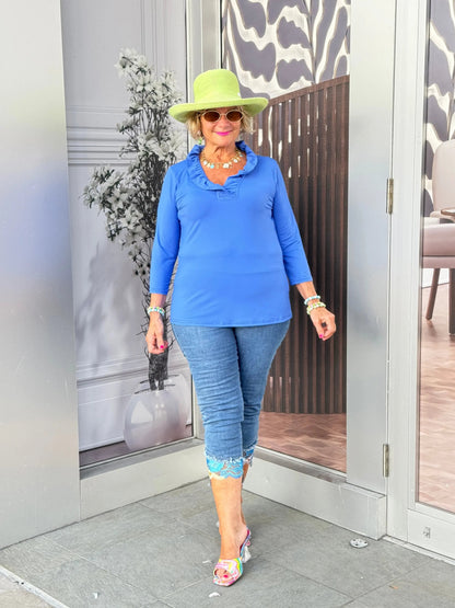 BLUE 3/25 SLEEVE RUFFLE TOP