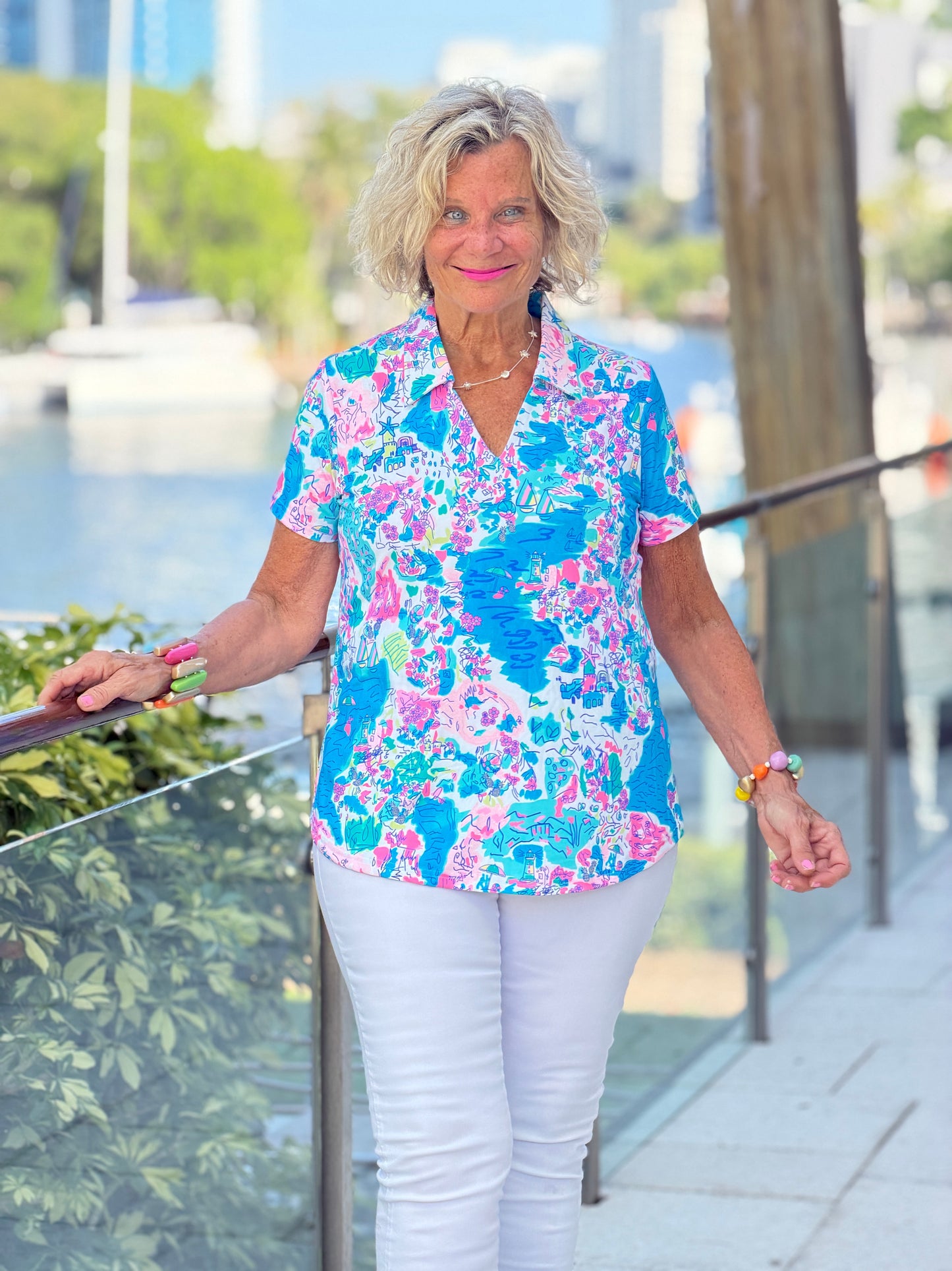 LULU B PALM BEACH SPLASH COLLAR SHORT SLEEVE