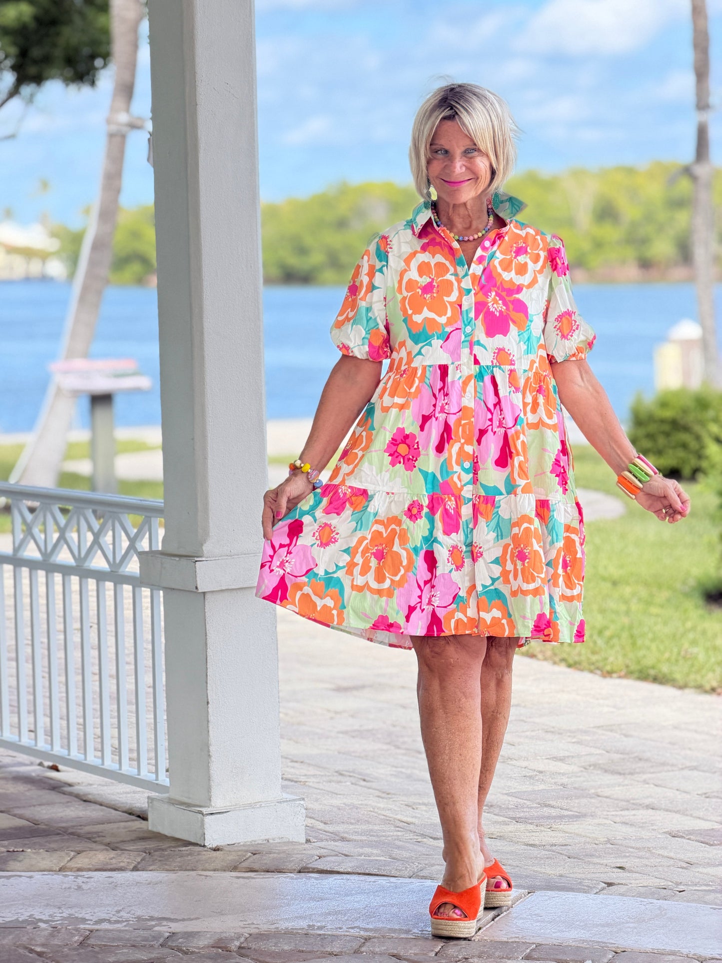 Fashion-W Floral Short Sleeve Buttoned Babydoll BOHO Dress