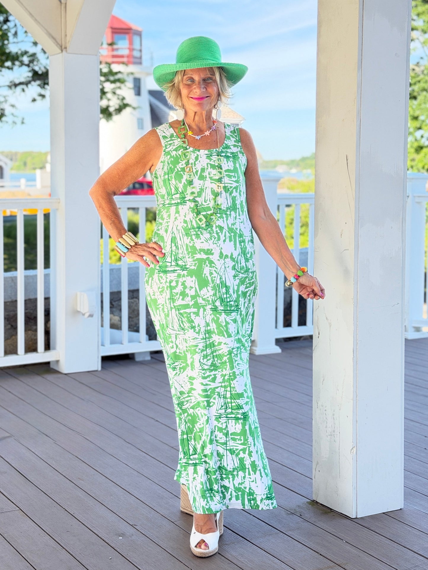 HARBOR  LIGHTS SAILBOAT GREEN MAXI DRESS