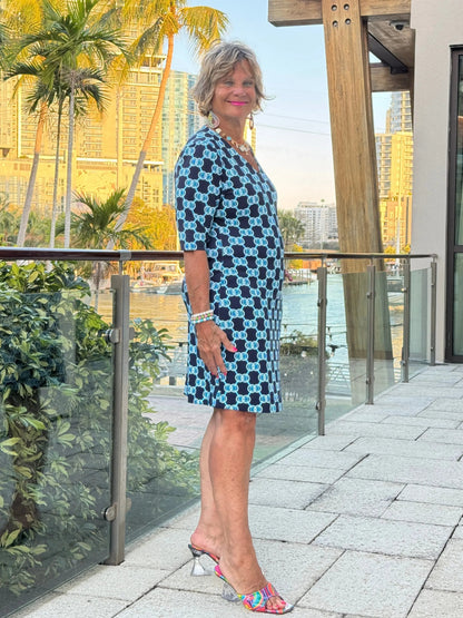 BLUE MEDALLION ELBOW DRESS