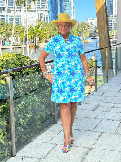 LULU B STARFISH SPLASH HALF ZIPPER SHORT SLEEVE DRESS