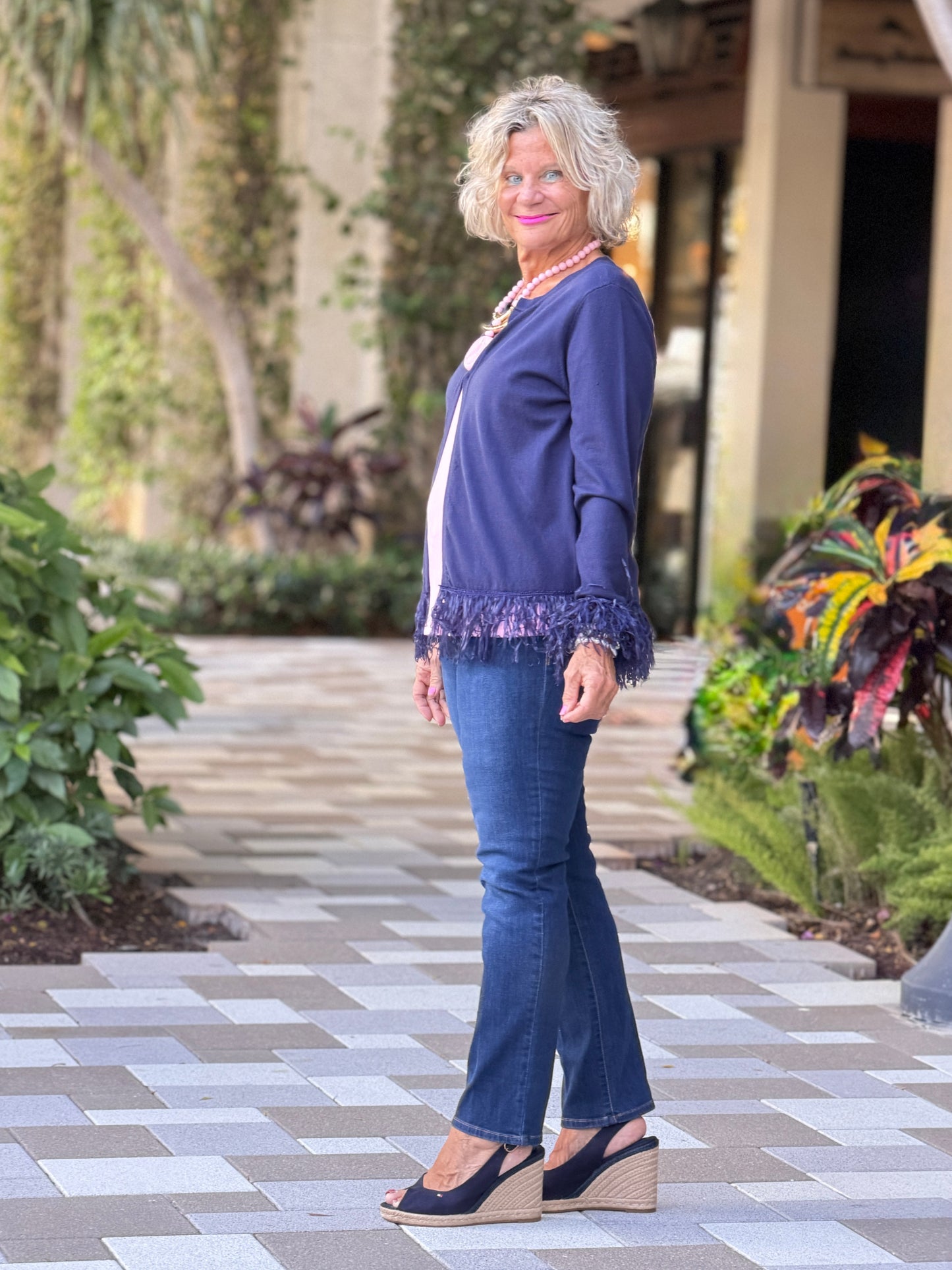 LULU-B NAVY CASHMERE FRINGE FANCY CARDIGAN